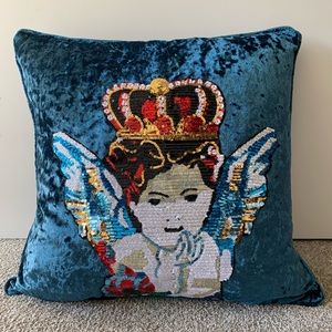 Handmade embellished sequin angel on a blue crushed velvet pillow!